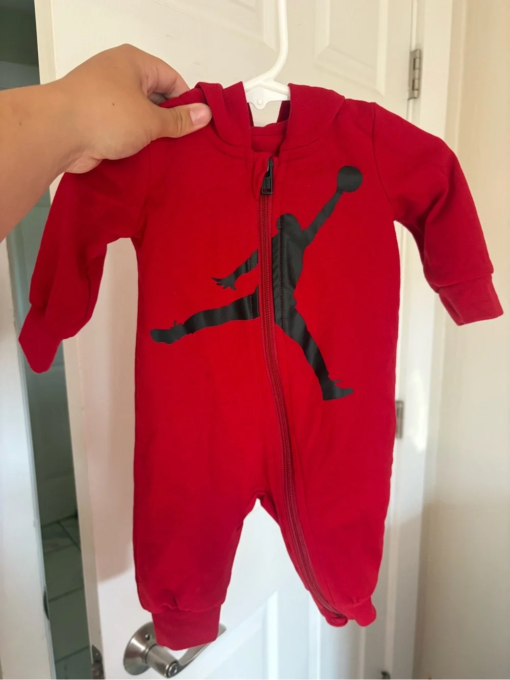 Jordan Red Hooded Baby One-Piece with Black Jumpman